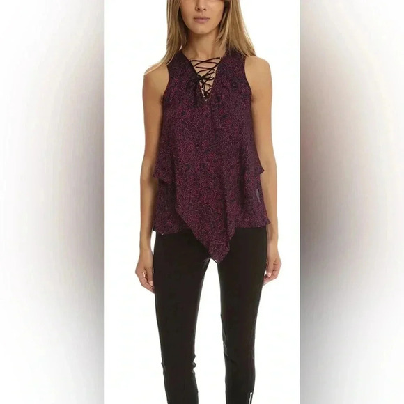 DEREK LAM 10 CROSBY Laced Printed Silk Handkerchief Tank, Midnight / Size 8 / - Picture 1 of 9